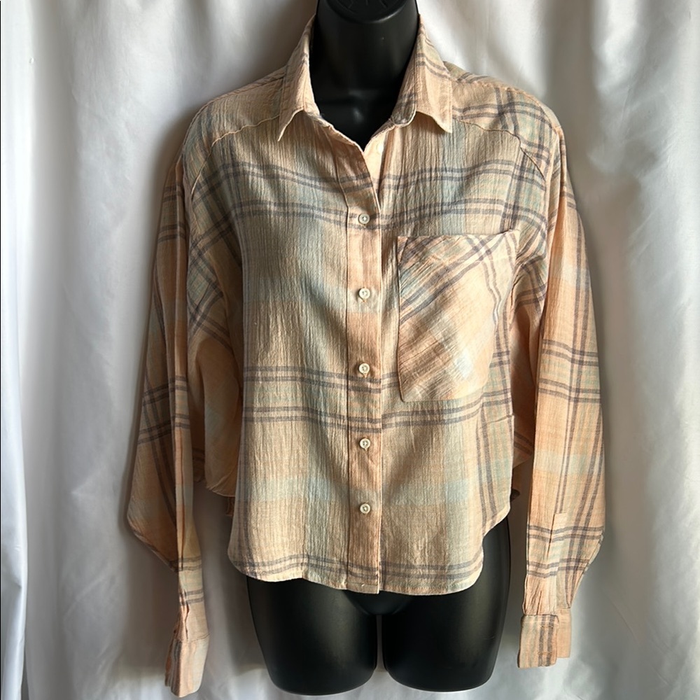 Free People Plaid Button Down Shirt in Pastel Tones